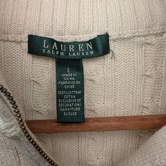 Lauren Ralph Lauren Womens Large Sweater Ivory Cable Knit Full Zip Cotton - Picture 6 of 11
